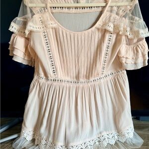 Pol Women’s Dusty Rose Flowing Babydoll Top with Lace Trim & Pintuck Front